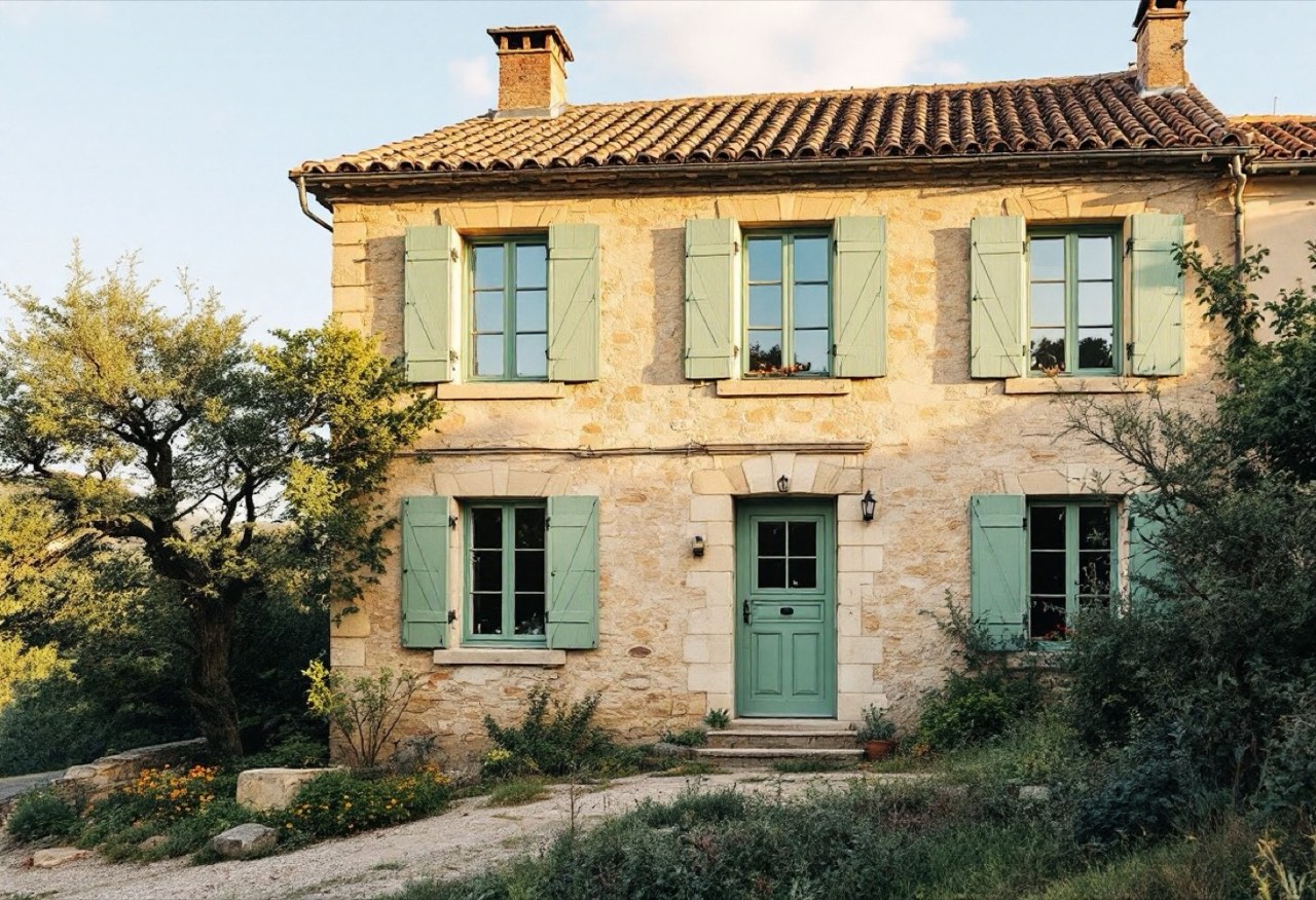 Maison de village provençale aux fenêtres et volets rénovés
